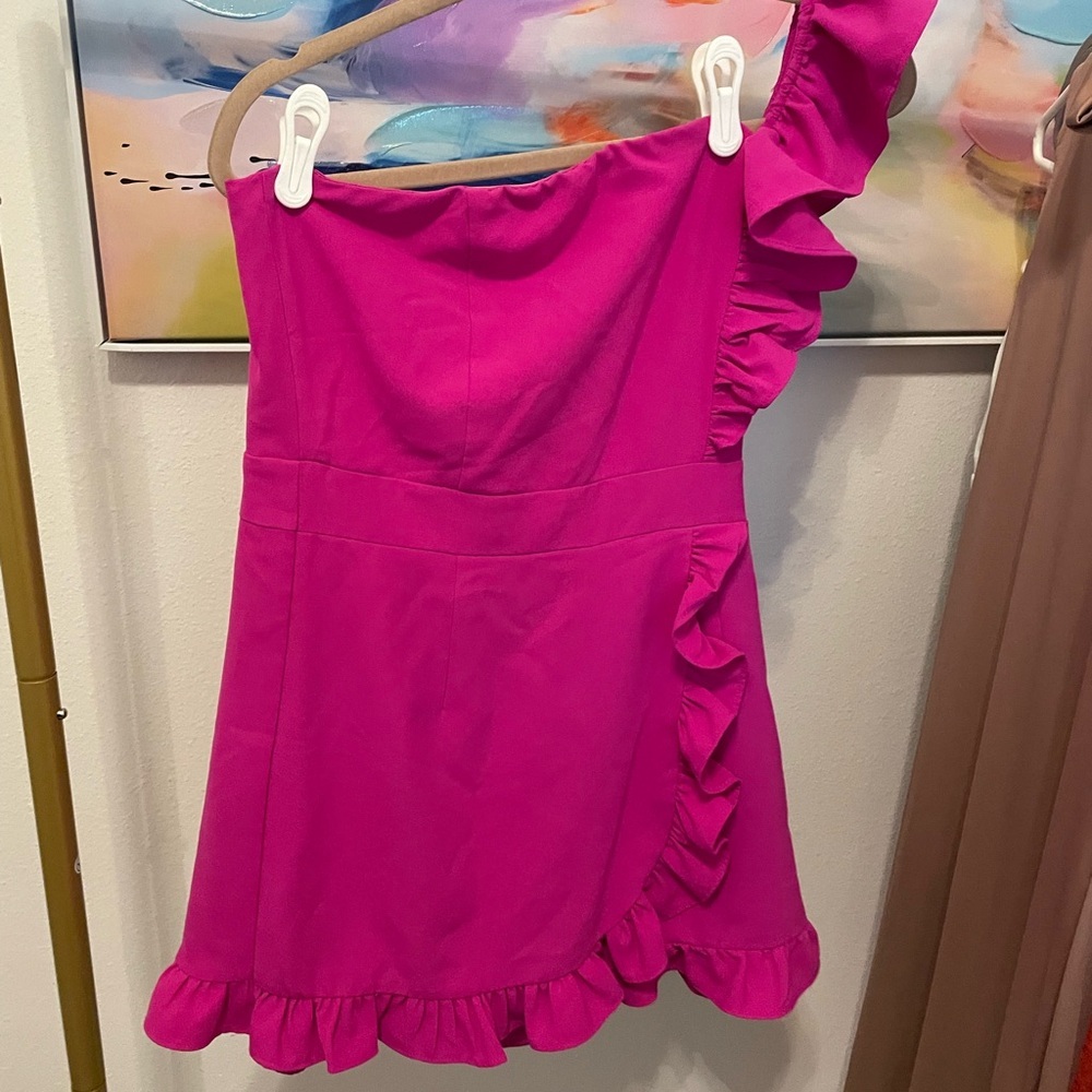 DO+BE Fuchsia One-Shoulder Ruffle Romper cocktail flirty statement summer party